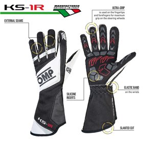 GUANTES OMP KS-1R  NEGRO/BLANCO/SILVER TALLA 4 - INFANTIL