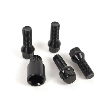OMP SPEED JUEGO DE 4 TORNILLOS ANTIRROBO LLANTAS M14X1.5 CONICO LARGO 28/55MM LLAVE 17/19 COLOR NEGRO DIN 10.9