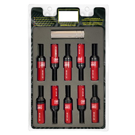 OMP SPEED JUEGO DE 20 TORNILLOS CON PROTECTOR DE ALUMINIO DE COLORES M14X1.25 LLAVE DE 17-19 LARGO 28MM CON PROTECTOR ROJO