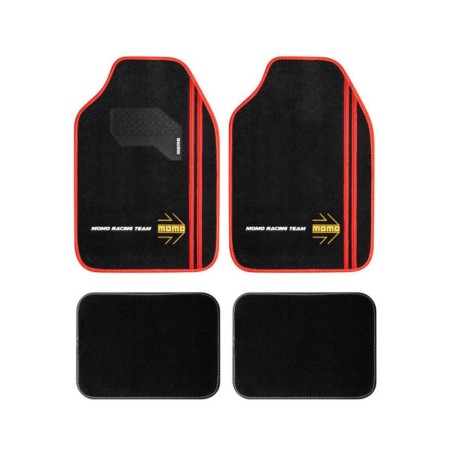SET COMPLETO 4 PIEZAS ALFOMBRAS MOMO RACING UNIVERSALES NEGRO/ROJO